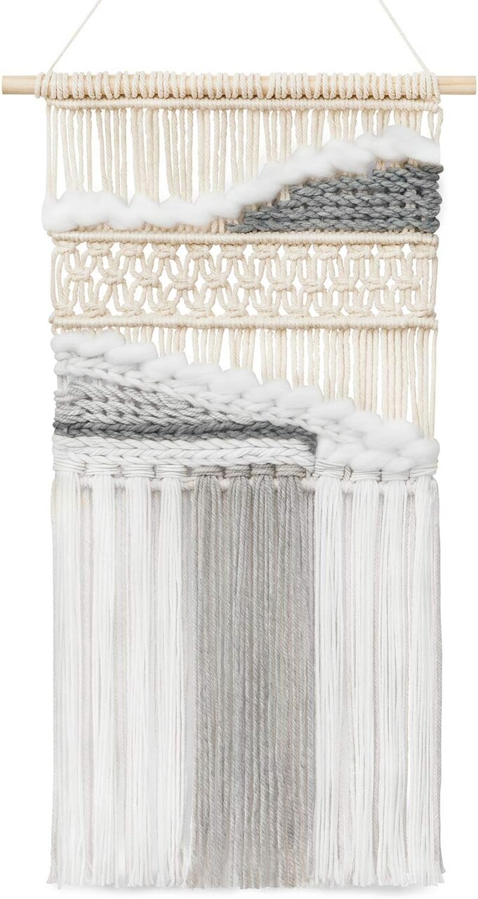 Macrame Wall Hanging Woven Boho Decor Gray Yarn Fringe Tassel | 12''W x 24.5''L